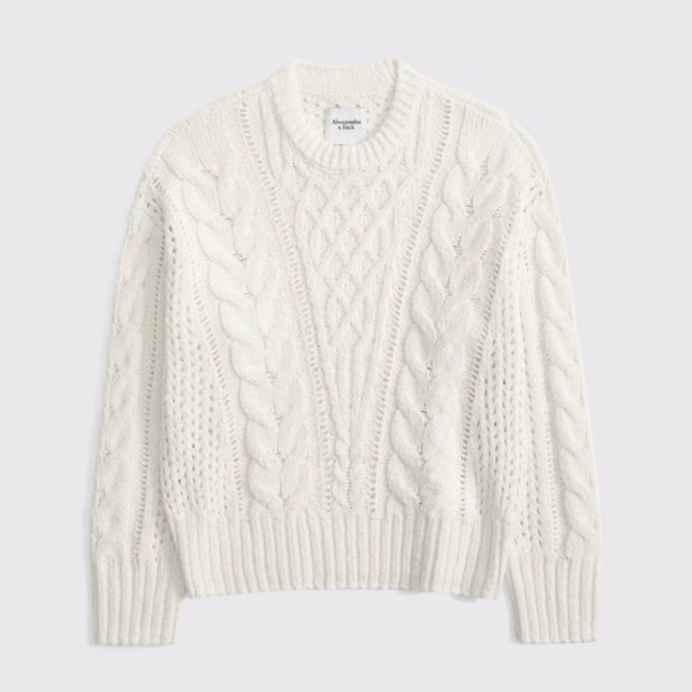 Abercrombie & Fitch Textural Stitch Cable Crew Sweater in Cream